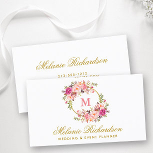 VattenfärgsRosa  Blommigt Monogram Guld Visitkort