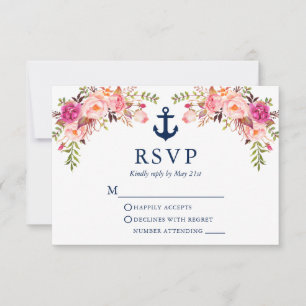 VattenfärgsRosa Blommigt Nautical Anchor Bröllop OSA Kort