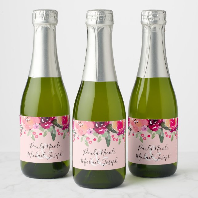 VattenfärgsRosa Blommigt Personlig Bröllop Mini  (Flaskor)