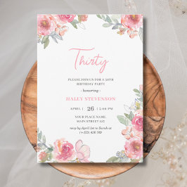 VattenfärgsRosa Blommigt Trettio Boho Chic Birthda Inbjudningar