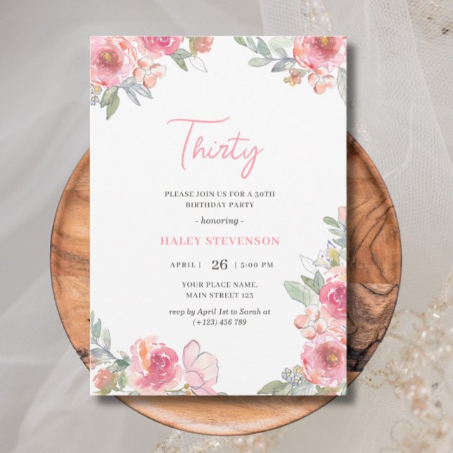 VattenfärgsRosa Blommigt Trettio Boho Chic Birthda Inbjudningar (Skapare uppladdad)