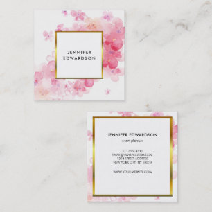 Vattenfärgsrosa blommigt vit guld professionell fyrkantigt visitkort