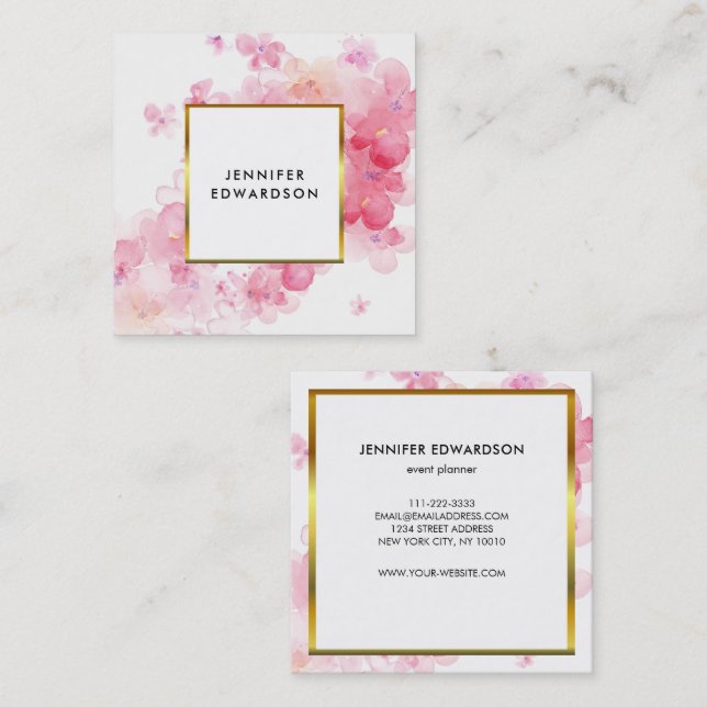 Vattenfärgsrosa blommigt vit guld professionell fyrkantigt visitkort (Fram/baksida)