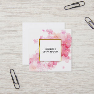 Vattenfärgsrosa blommigt vit guld professionell fyrkantigt visitkort