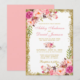 VattenfärgsRosa Blommigten Bröllop Glitter Inbjudningar