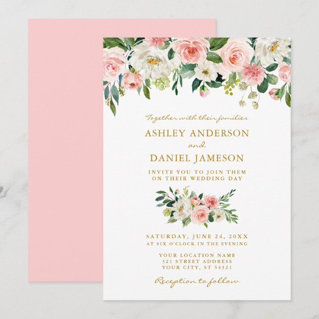VattenfärgsRosa  Blommigten Guld Bröllop Inbjudningar (Fram/baksida)