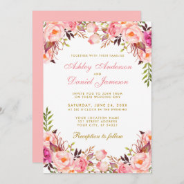VattenfärgsRosa Blommigten Guld Bröllop Inbjudningar