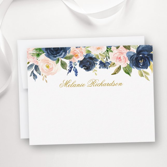 VattenfärgsRosa Blue Blommigt Personlig Guld Anteckningskort (Customize to change text size, color, style or to add more text to front or back of card.)