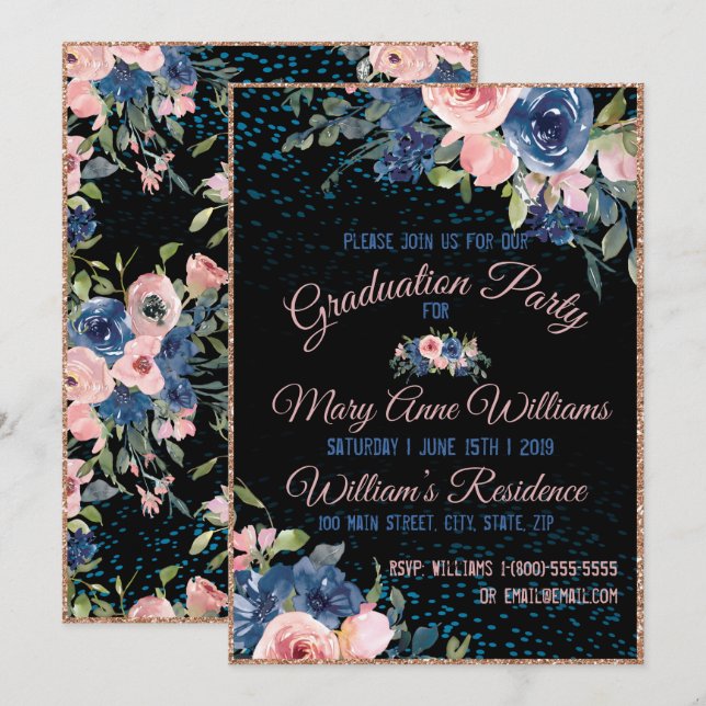 VattenfärgsRosa Blue Elegant Blommigt Studenten Inbjudningar (Fram/baksida)