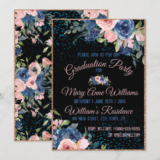 VattenfärgsRosa Blue Elegant Blommigt Studenten Inbjudningar