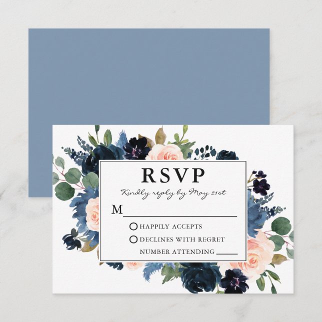 VattenfärgsRosa Dusty Blue Blommigt Ram Bröllop OSA Kort (Fram/baksida)
