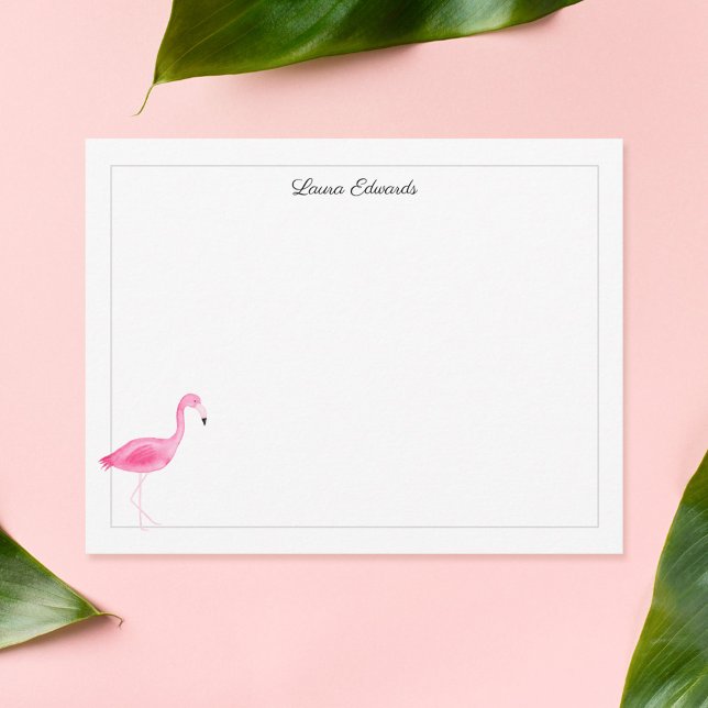 VattenfärgsRosa Flamingo Grått Gräns Personlig Anteckningskort (Skapare uppladdad)