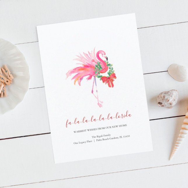 VattenfärgsRosa Flamingo Helgdag Ny adress Julkort (Tropical holiday greeting cards pink flamingo art by Victoria Grigaliunas of Do Tell A Belle)