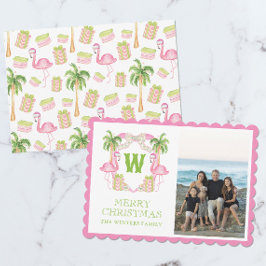 VattenfärgsRosa Flamingo jul Monogram-Vapensköld Julkort