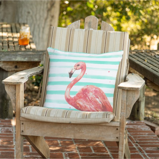 VattenfärgsRosa Flamingo med Teal Rand Kudde (Stol)