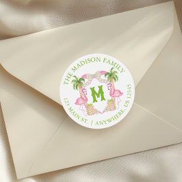 VattenfärgsRosa Flamingo Monogram Vapensköld jul Runt Klistermärke