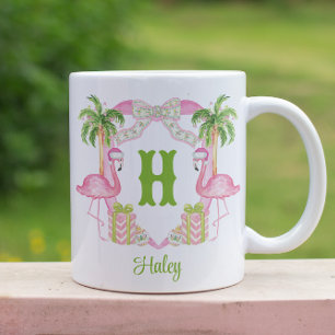 VattenfärgsRosa Flamingo Monogram Vapensköld jul Två-Tonad Mugg