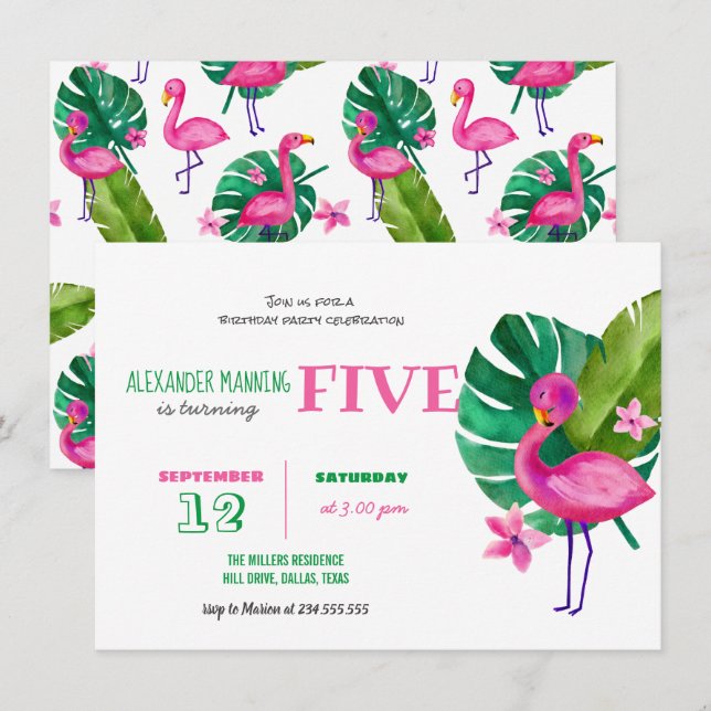 VattenfärgsRosa Flamingo Tropical Birthday Inbjudningar (Fram/baksida)