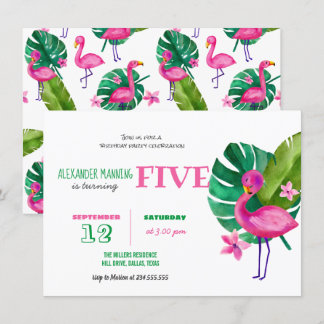 VattenfärgsRosa Flamingo Tropical Birthday Inbjudningar