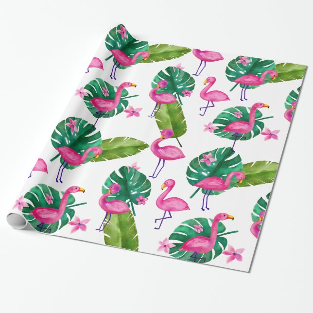 VattenfärgsRosa Flamingo Tropical Löv Mönster Presentpapper (Utrullad)