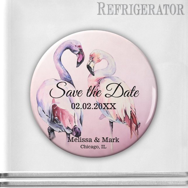 VattenfärgsRosa Flamingos Spara datum magneter (Save the Date magnet featuring a watercolor painting of two flamingos on a pink background.)