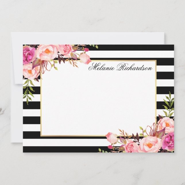 Vattenfärgsrosa Floral Elegant Stripe Anteckningskort (Framsida)