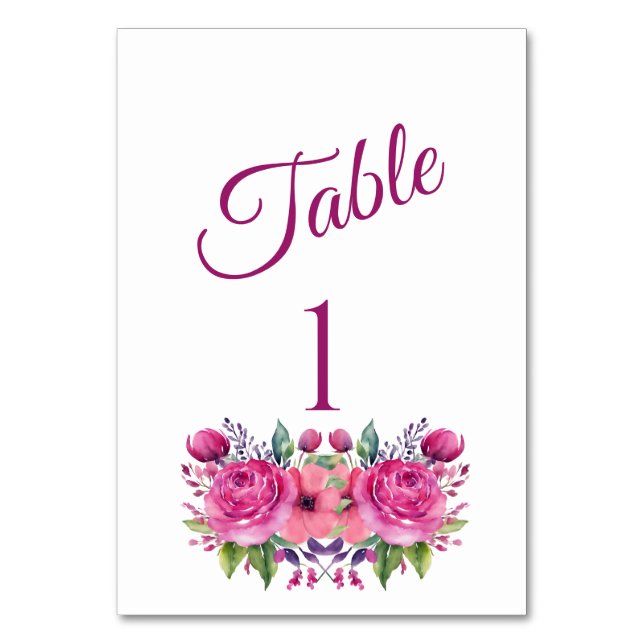 VattenfärgsRosa Flower Bouquet-Bröllop- Bordsnummer (Framsidan)