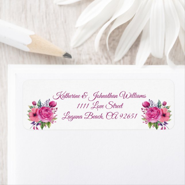 VattenfärgsRosa Flower Bouquet-Bröllop- Returadress Etikett (Insitu)