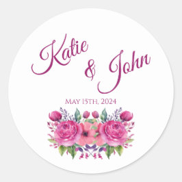 VattenfärgsRosa Flower Bouquet-Bröllop- Runt Klistermärke