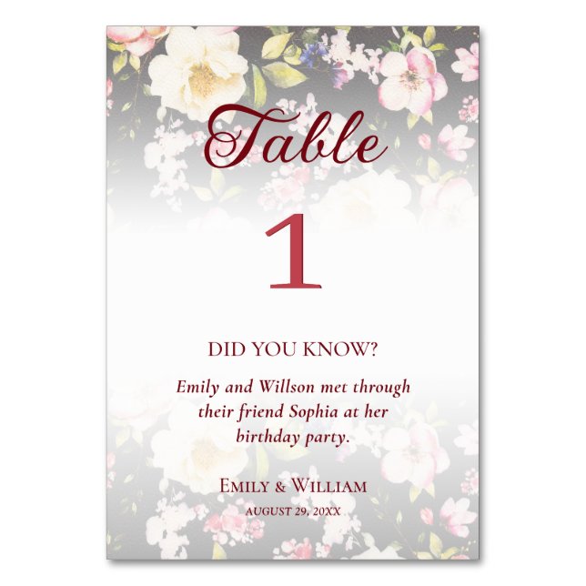 VattenfärgsRosa Gul ros,svart oskarp,Bröllop Bordsnummer (Framsidan)