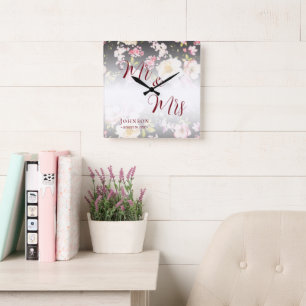 VattenfärgsRosa Gul ros,svart oskarp,Bröllop Fyrkantig Klocka