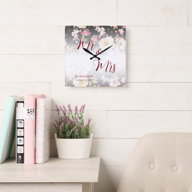 VattenfärgsRosa Gul ros,svart oskarp,Bröllop Fyrkantig Klocka (Läsesal)