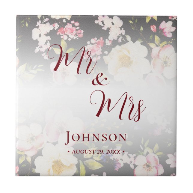 VattenfärgsRosa Gul ros,svart oskarp,Bröllop Kakelplatta (Framsidan)