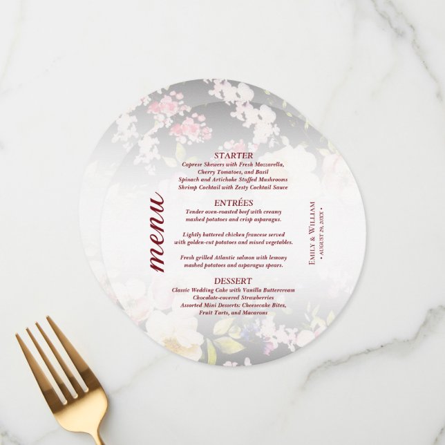 VattenfärgsRosa Gul ros,svart oskarp,Bröllop Meny (Fram/Back In Situ)