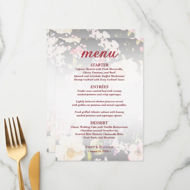 VattenfärgsRosa Gul ros,svart oskarp,Bröllop Meny (Fram/Back In Situ)