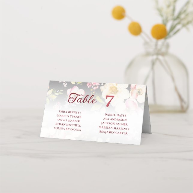 VattenfärgsRosa Gul ros,svart oskarp,Bröllop Placeringskort (Framsida)