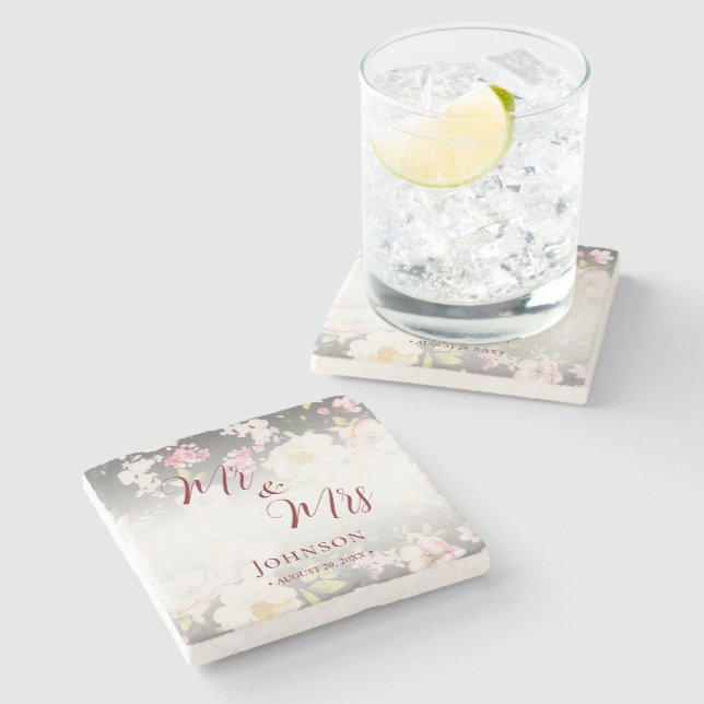 VattenfärgsRosa Gul ros,svart oskarp,Bröllop Stenunderlägg (Sidan)