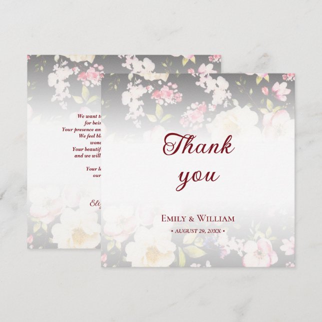 VattenfärgsRosa Gul ros,svart oskarp,Bröllop Tack Kort (Fram/baksida)