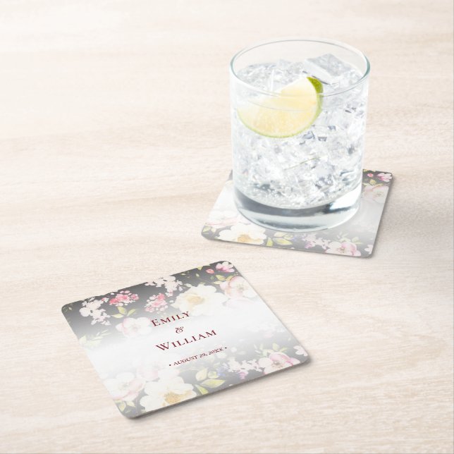 VattenfärgsRosa Gul ros,svart oskarp,Bröllop Underlägg Papper Kvadrat (Insitu)