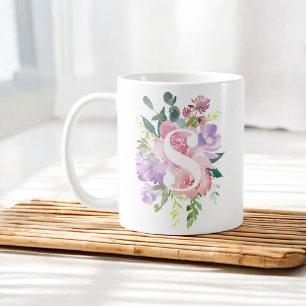 VattenfärgsRosa Lila blommor Elegant Monogram Kaffemugg