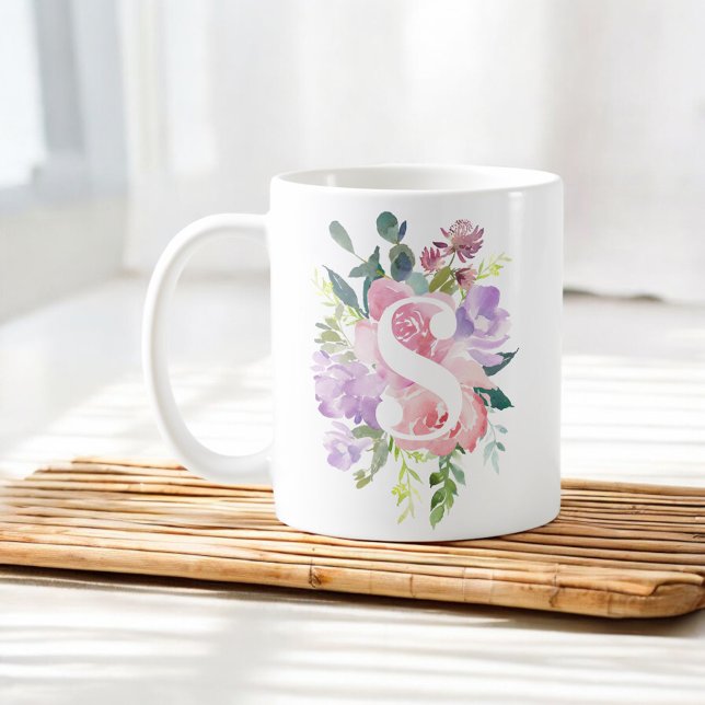 VattenfärgsRosa Lila blommor Elegant Monogram Kaffemugg (Skapare uppladdad)