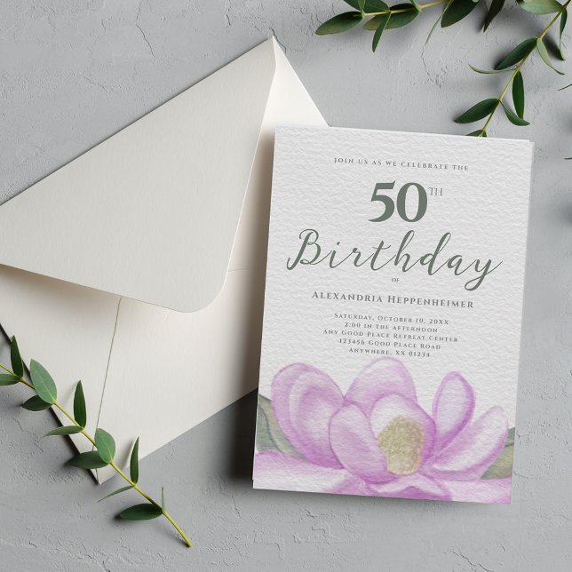 VattenfärgsRosa Magnolia 50:e födelsedagen Inbjudningar (Watercolor Pink Magnolia 50th Birthday Invitation)