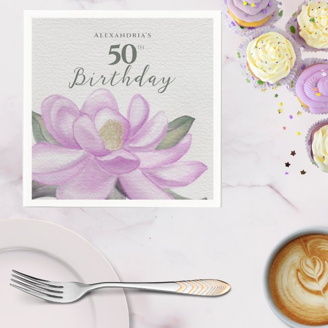 VattenfärgsRosa Magnolia 50:e födelsedagen Pappersservett (Watercolor Pink Magnolia 50th Birthday Napkins)