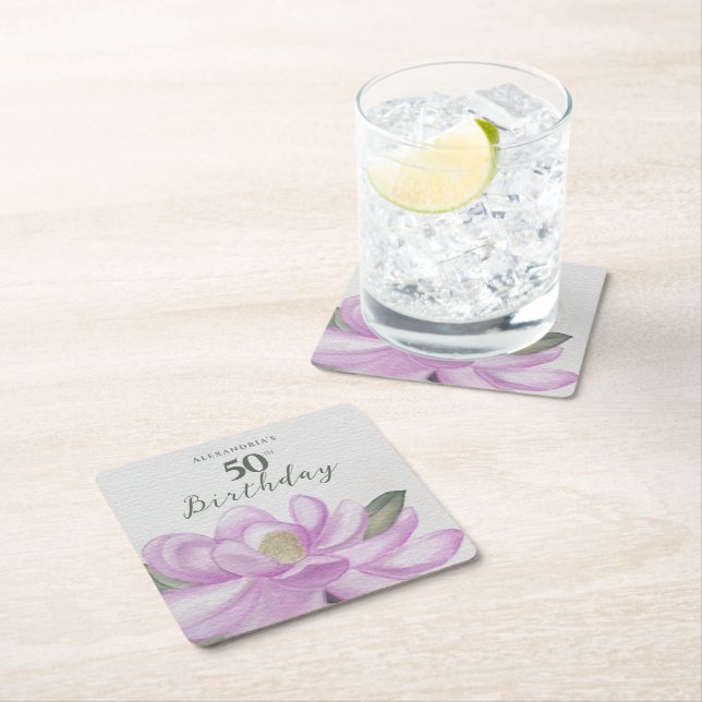 VattenfärgsRosa Magnolia 50:e födelsedagen Underlägg Papper Kvadrat (Insitu)