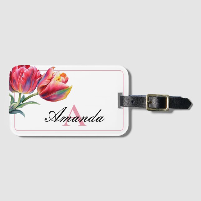 VattenfärgsRosa Monogram Namn Tulip Bagagebricka (Framsida horisontal)
