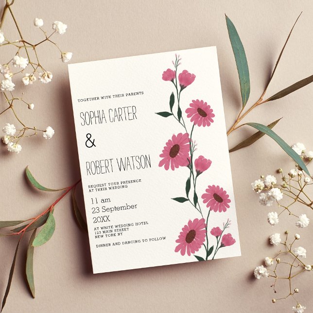 Vattenfärgsrosa mörk grönt daisy blommigt bröllop inbjudningar (Watercolor pink dark green daisies floral wedding)