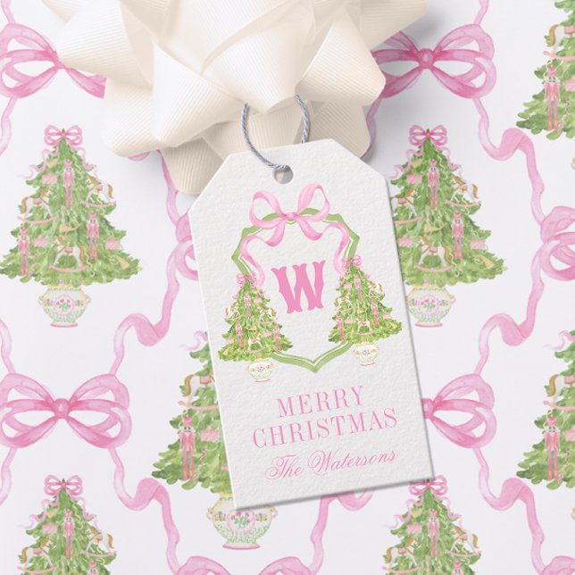 VattenfärgsRosa Nutcracker Monogram-Vapensköld Presentetikett (Skapare uppladdad)