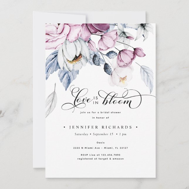 VattenfärgsRosa och Blåa blommor Möhippa Inbjudningar (Framsida)