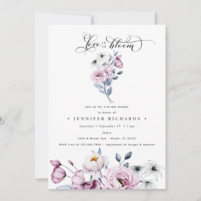 VattenfärgsRosa och Blåa blommor Möhippa Inbjudningar (Framsida)