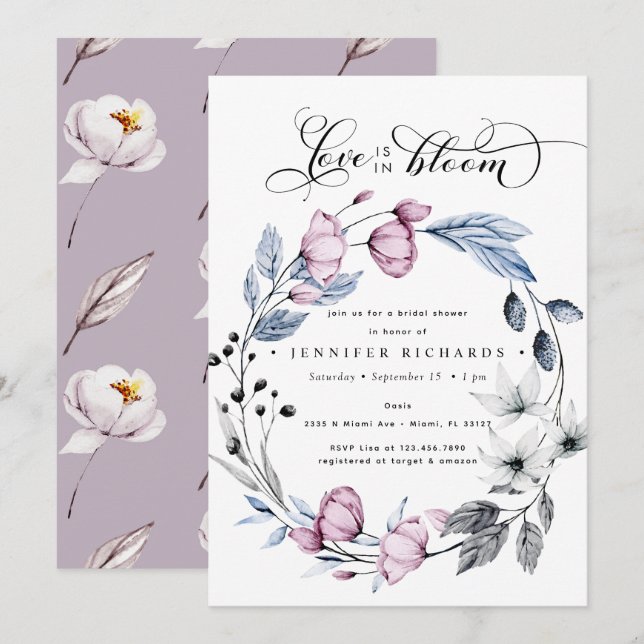 VattenfärgsRosa och Blåa blommor Möhippa Inbjudningar (Fram/baksida)